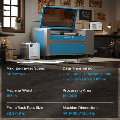 16x24 Inch 60W Laser Engraving Machine Laser Cutter with 2 Way Pass Doors Air Assist RDWorks Wheels