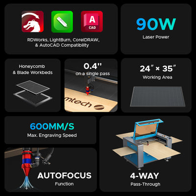 OMTech Maker AF2435-80 90W CO2 Laser Engraving and Cutting Machine with 24"x 35" Working Area and Autofocus