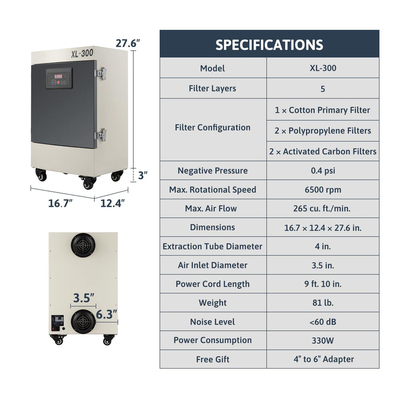 XL-300 Fume Extractor with 5 Stage Air Filter Specifications