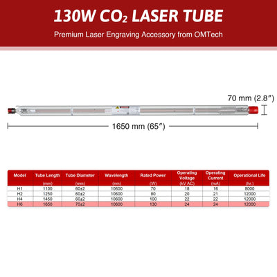 YL H Series H6 130W CO2 Laser Tube - OMTech CA