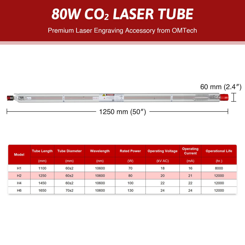 YL H Series H2 80W CO2 Laser Tube - OMTech CA