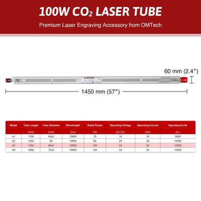 YL H Series H4 100W CO2 Laser Tube - OMTech CA