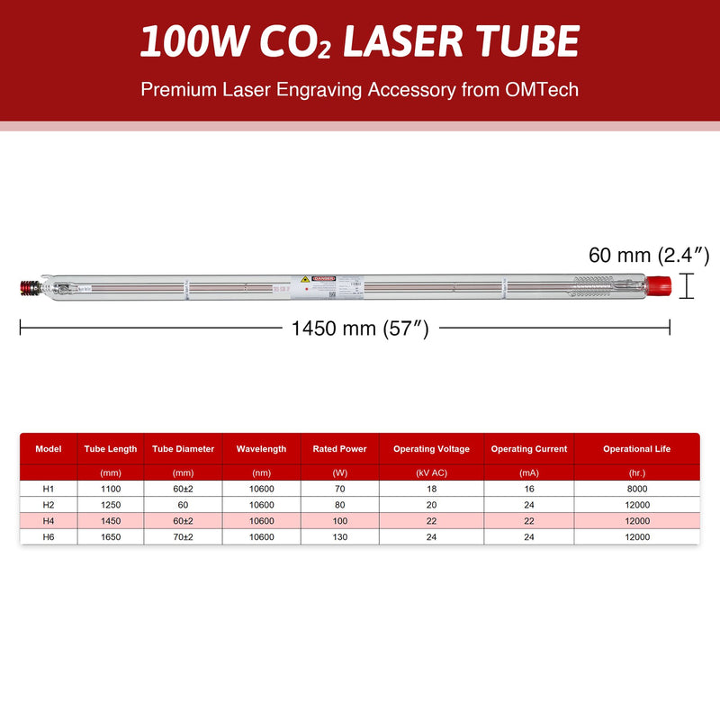 YL H Series H4 100W CO2 Laser Tube - OMTech CA
